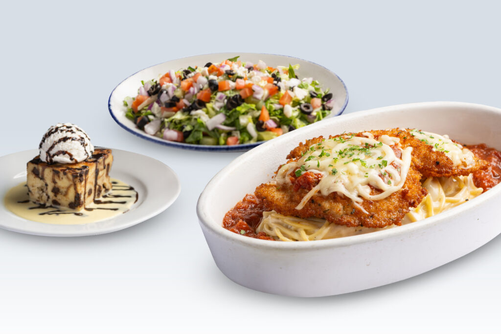 A chopped salad, Chicken Parmesan, and Tiramisu.